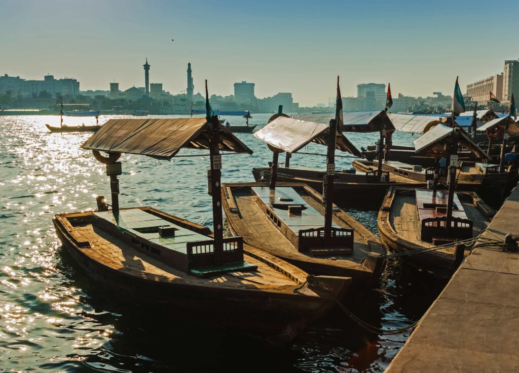 Abra Crossing Boats parked in Dubai Creek