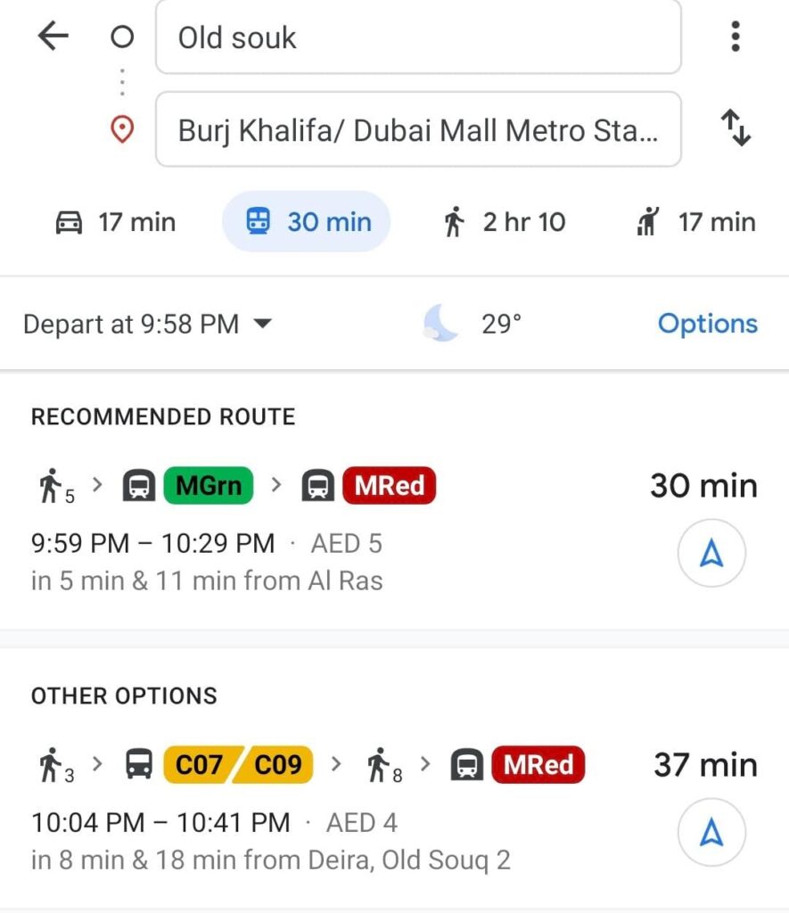 Google maps screenshot of route from Old Souk to Dubai Mall Metro station